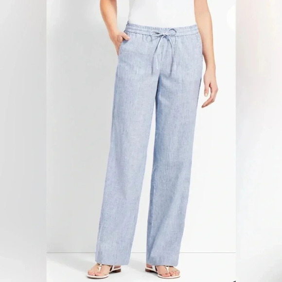 Talbots 100% Linen Wide-leg Pants Drawstring Blue White Stripe Women’s‎ 16P EUC - Picture 1 of 12